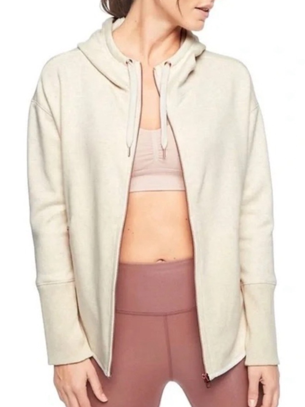 Athleta Cozy Karma Full Zip Hoodie Cream XS Plush with Rose Gold Hardware